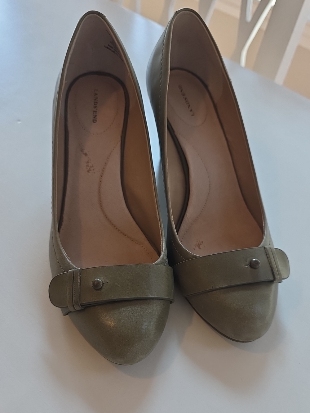 Lands' End Olive Leather Slip-On Ballet Flat Wedge Pumps with Strap Accent